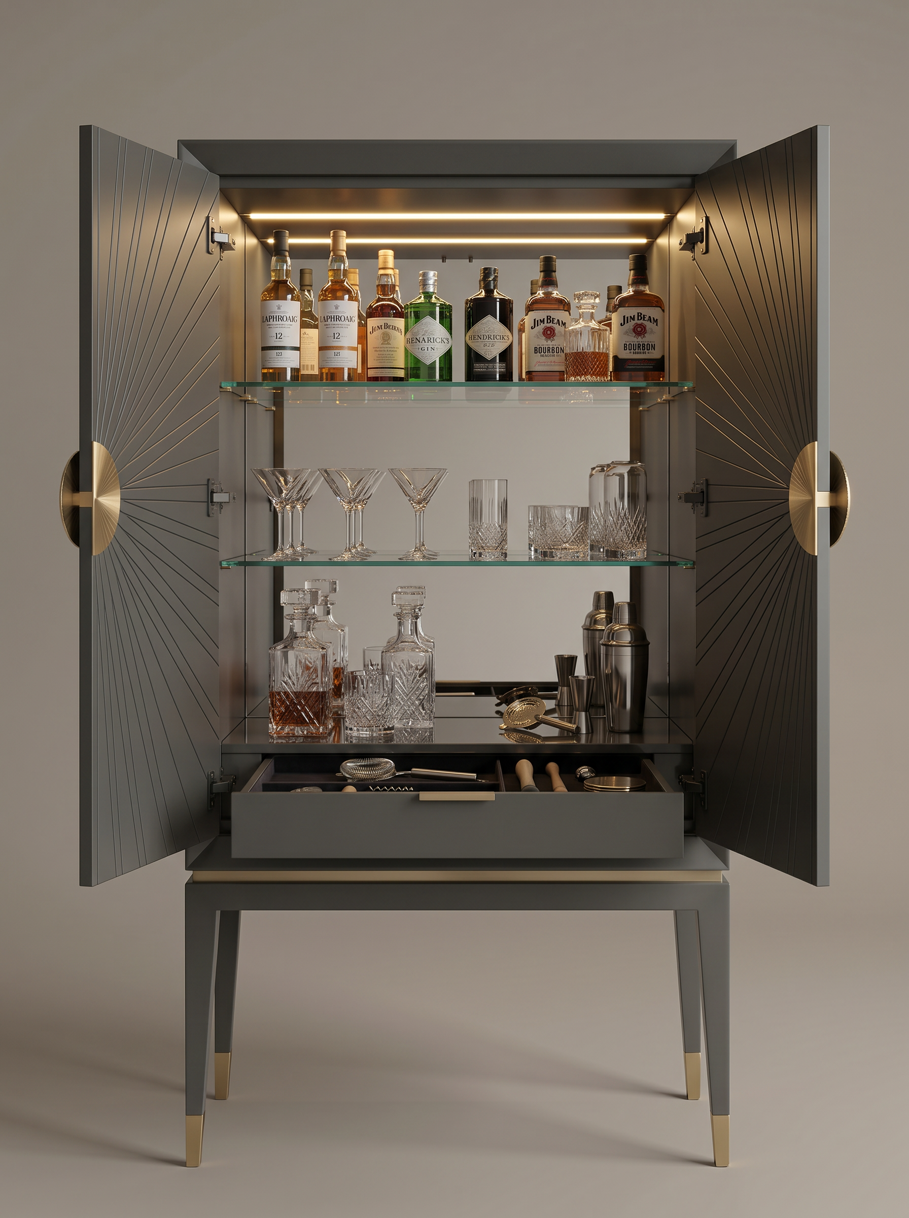 Open Sunburst drinks cabinet showing glass shelves and fitted interior