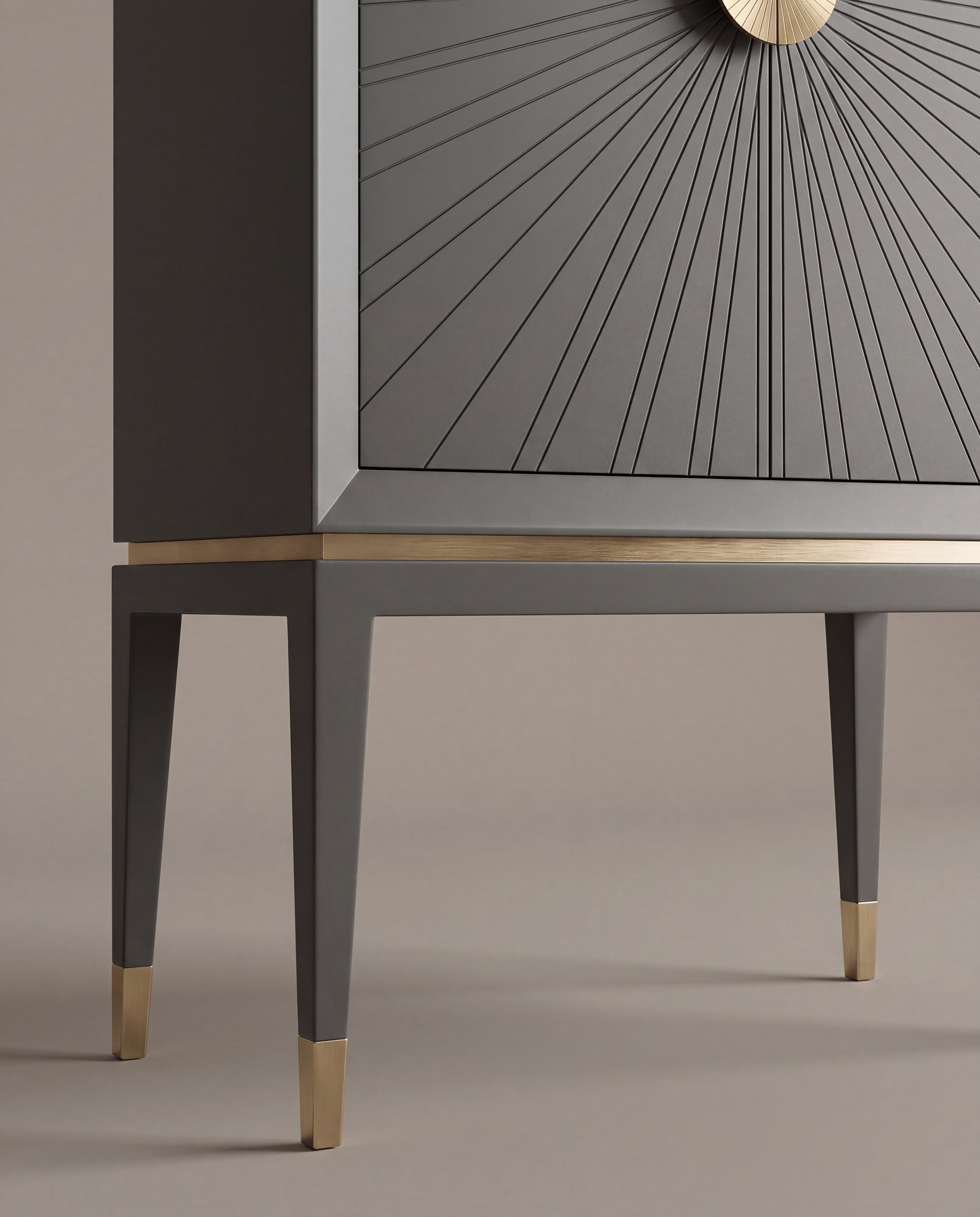 Close-up of individually composed veneer and brass detailing