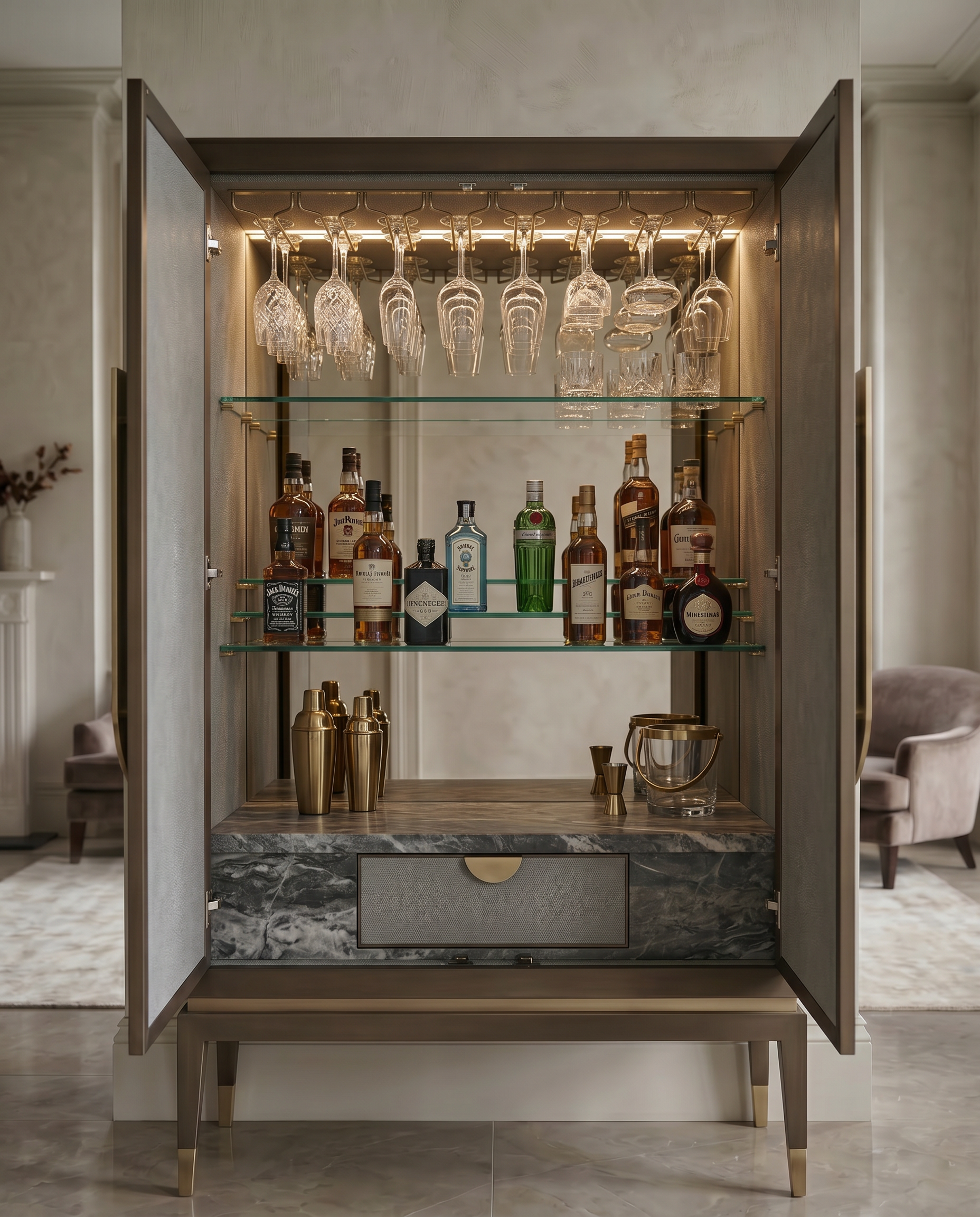 Atelier drinks cabinet with textured doors and a large sculptural brass handle