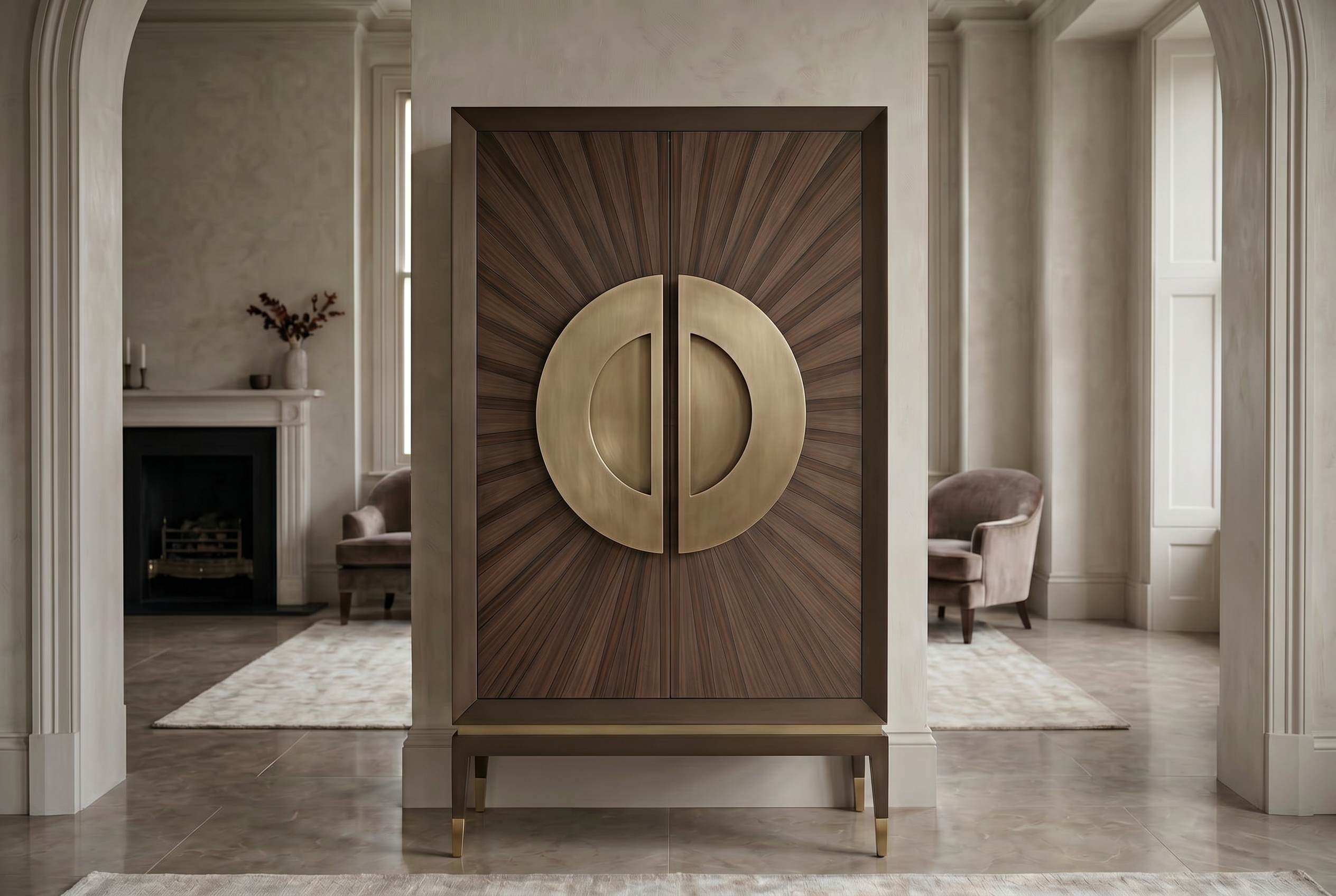 Walnut variation of the Atelier cabinet with a brass circular detail